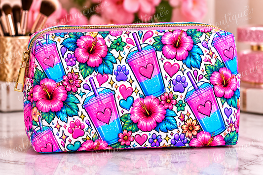Loaded Tea and Cat Makeup Bag | Colorful Tropical Floral Cosmetic Pouch | Cat Lover Gift