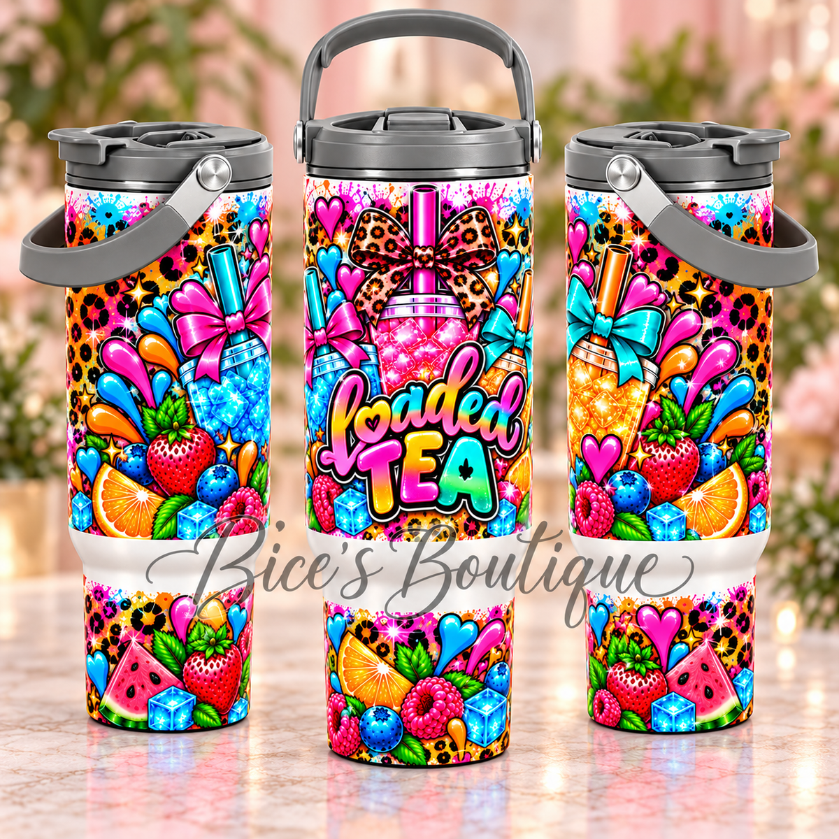 Loaded Tea Vibes 30oz Carry Handle Tumbler – Neon Bows & Leopard