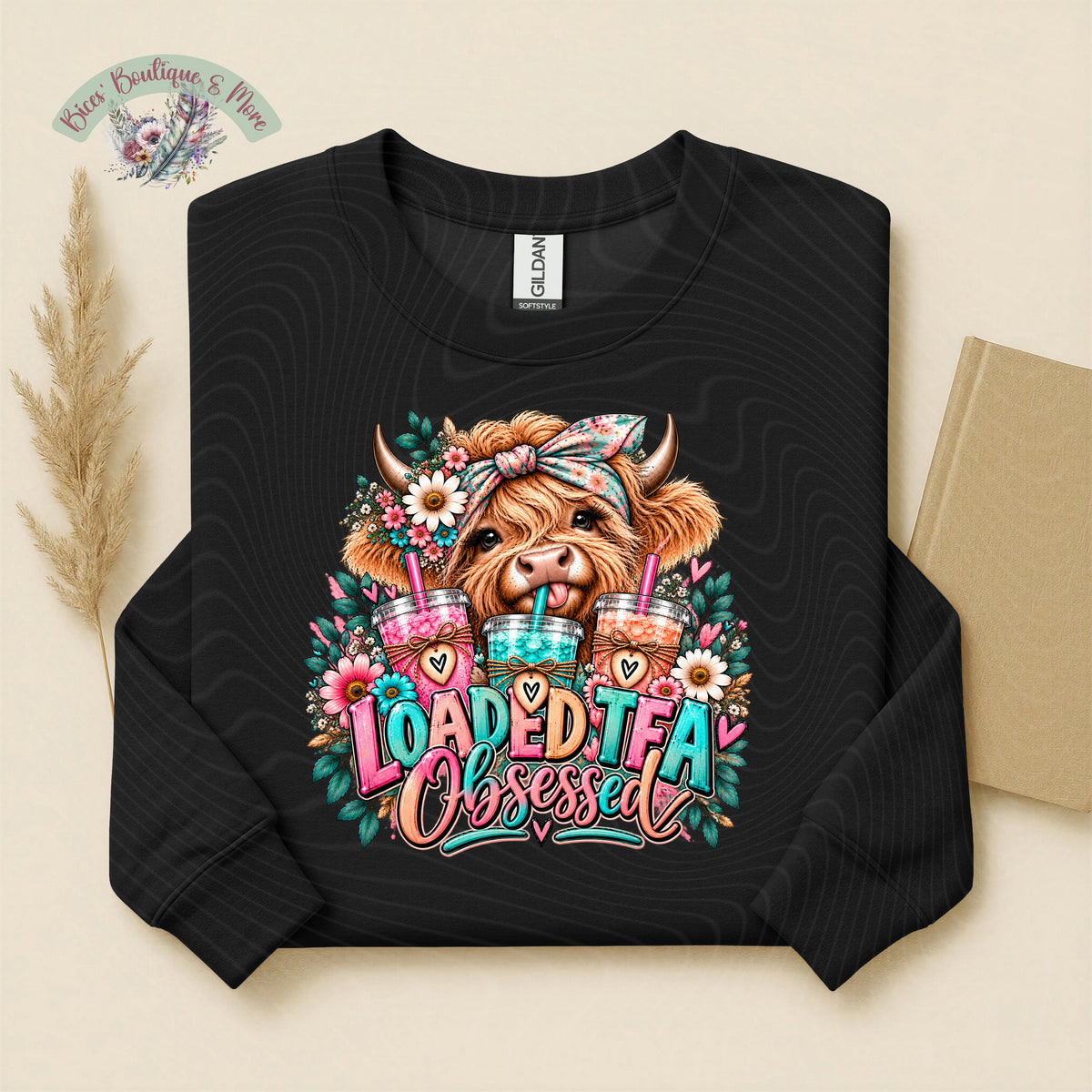 Loaded Tea Obsessed Highland Cow Crewneck Sweatshirt