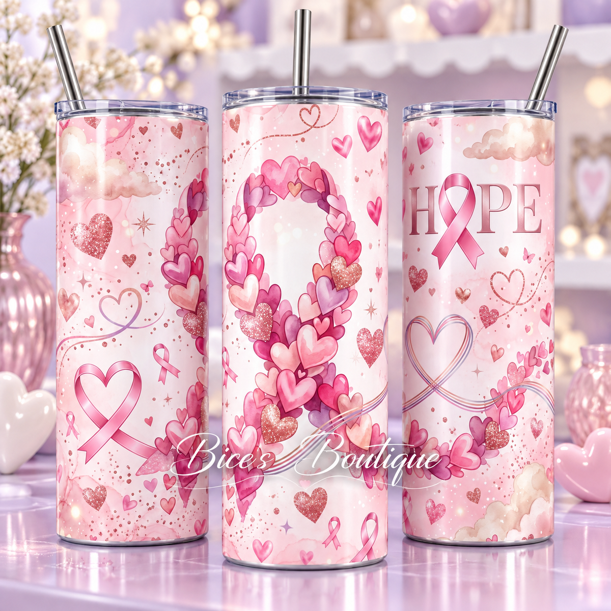Hope & Watercolor Hearts Pink Ribbon 20oz Tumbler