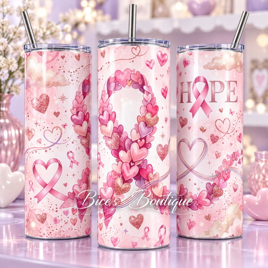 Hope & Watercolor Hearts Pink Ribbon 20oz Tumbler