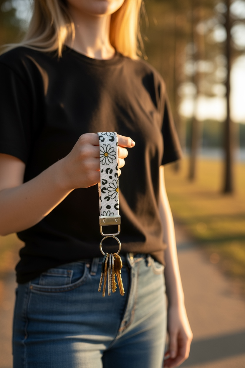 Daisy & Leopard Wristlet Keychain – Chic Fabric Key Fob for On-the-Go Style