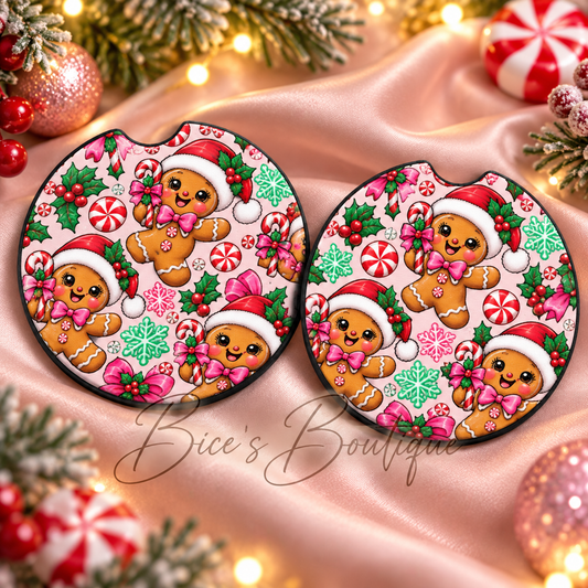 Pink Gingerbread Christmas Car Coasters – Set of 2