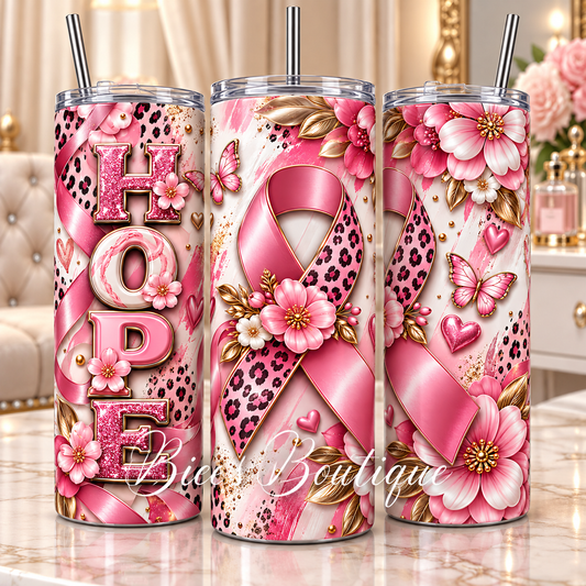 Hope Pink Ribbon & Gold Floral 20oz Tumbler