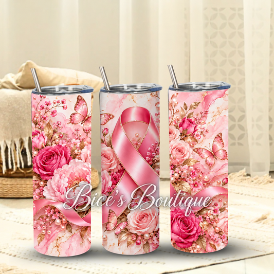 Pink Ribbon Roses & Butterflies Tumbler