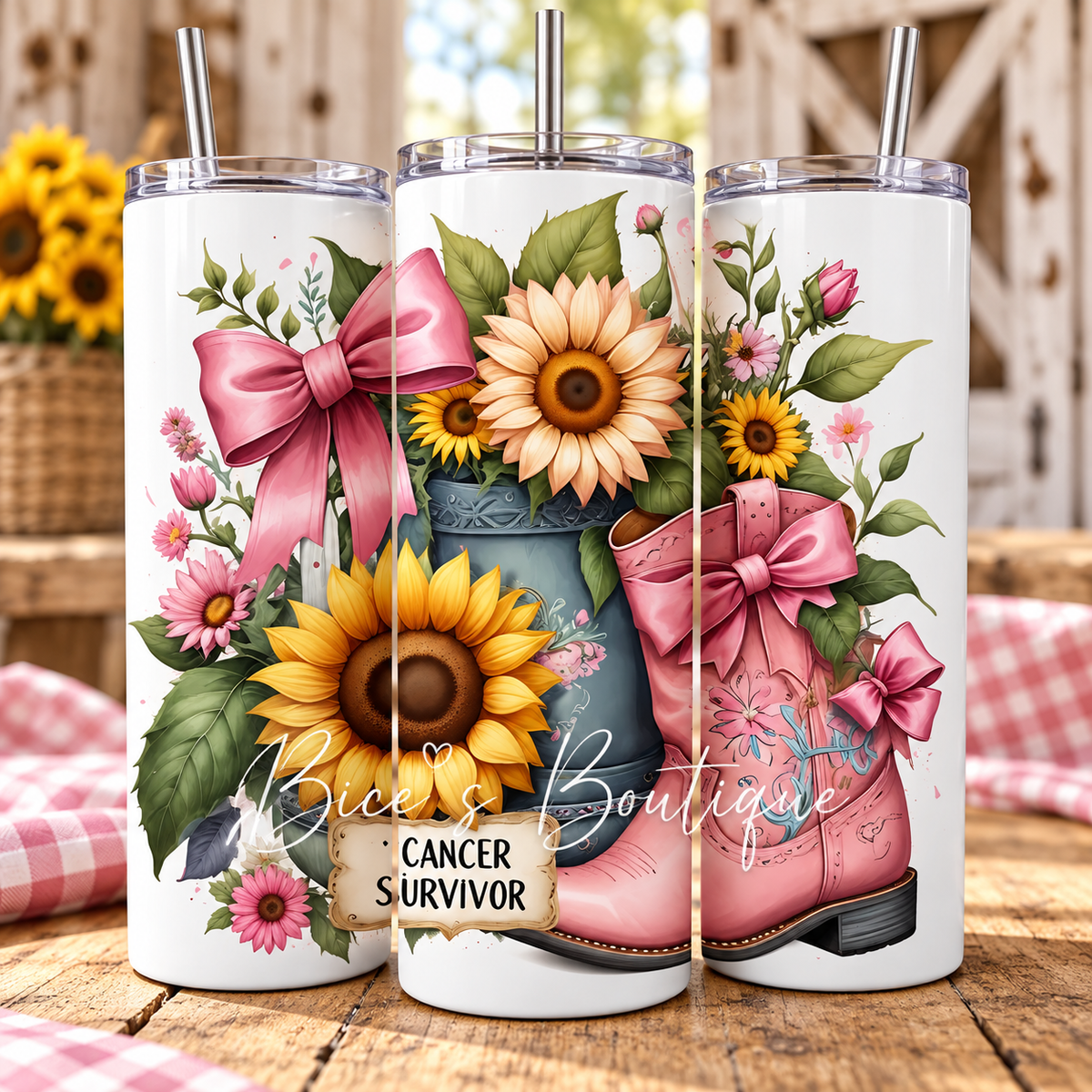 Cancer Survivor Pink Boots & Sunflower 20oz Tumbler