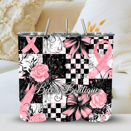 Pink Ribbon Checkered & Bows Tumbler