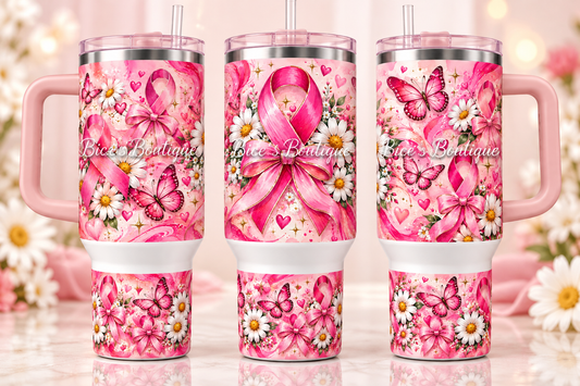 Pink Ribbon, Bows & Daisies Breast Cancer Awareness 40oz Tumbler