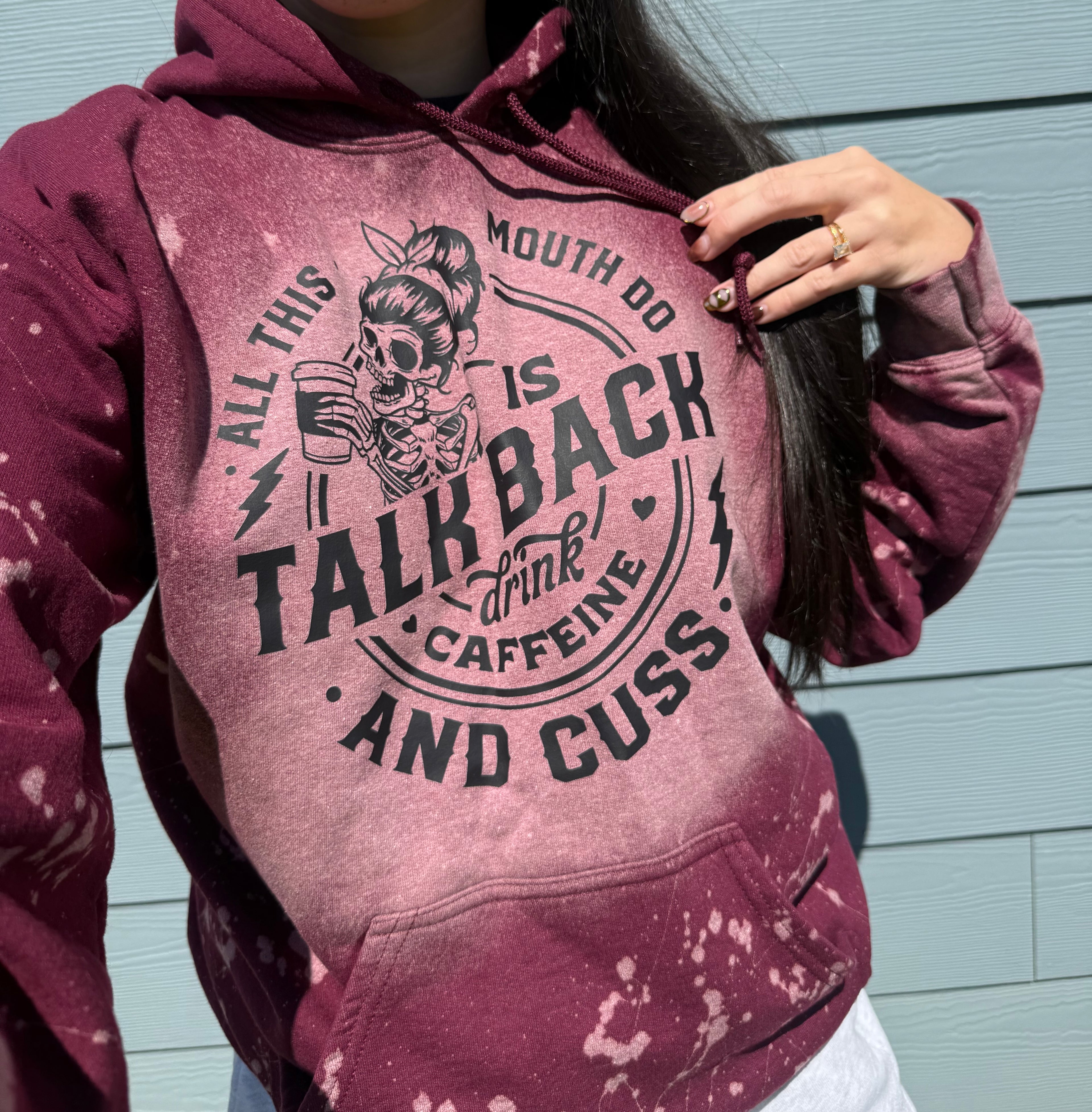 Talk Back, Drink Caffeine & Cuss Bleached Hoodie ☕⚡