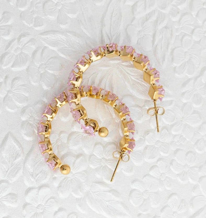 Pink Crystal Hoop Earrings – Stainless Steel & 18K Gold