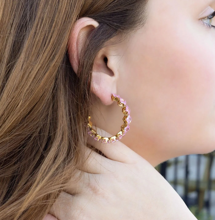 Pink Crystal Hoop Earrings – Stainless Steel & 18K Gold