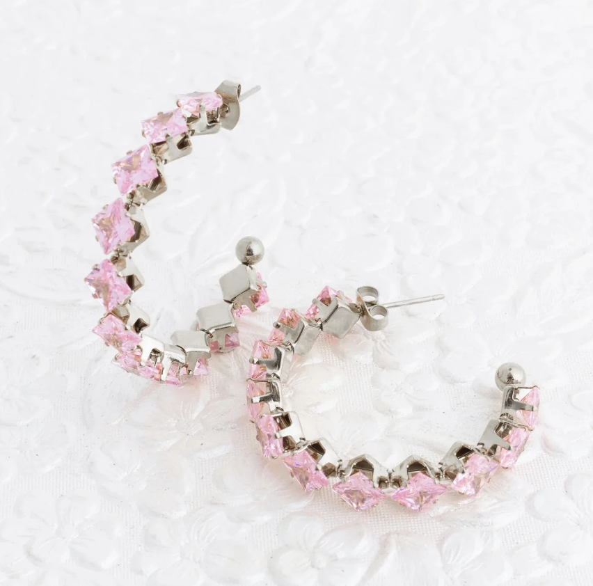 Pink Crystal Hoop Earrings – Stainless Steel & 18K Gold