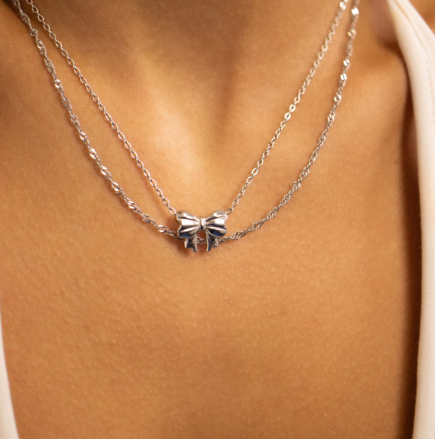 Bow Pendant Necklace – Stainless Steel & 18K Gold