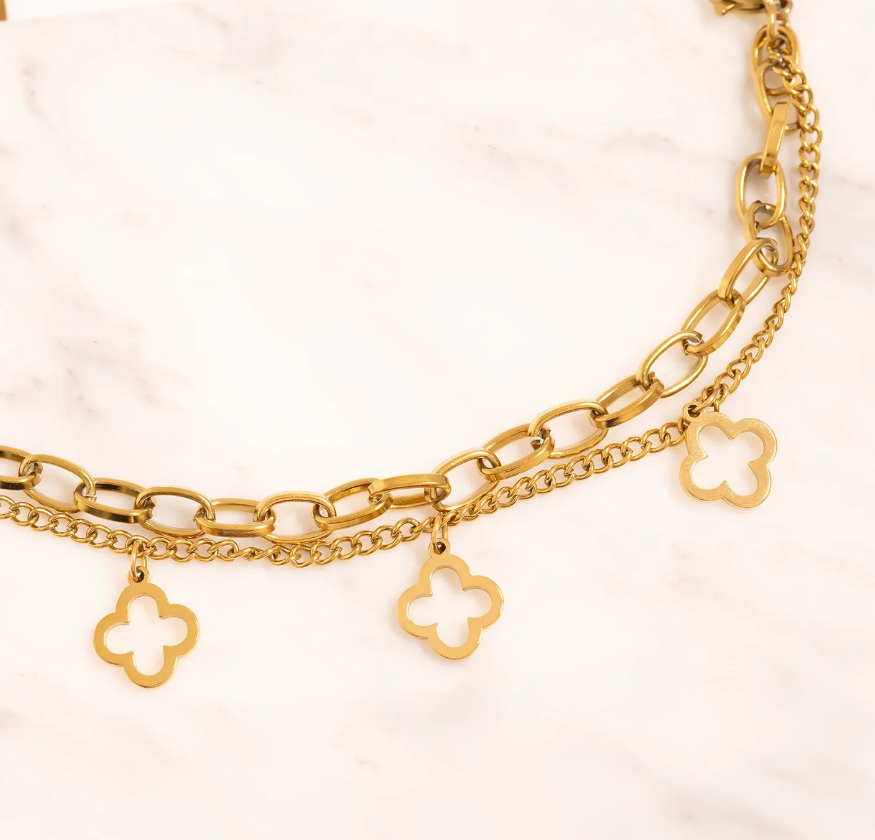 Layered Clover Chain Bracelet – Stainless Steel & Gold Plated