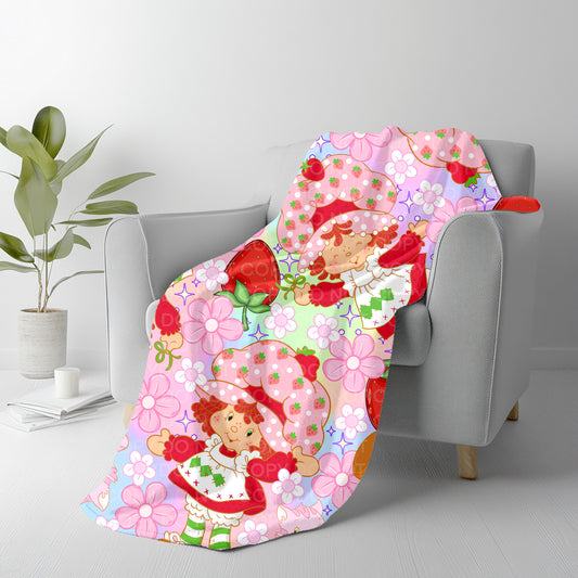 Strawberry Girl Plush Blanket – Cute Floral Cartoon Patch Throw