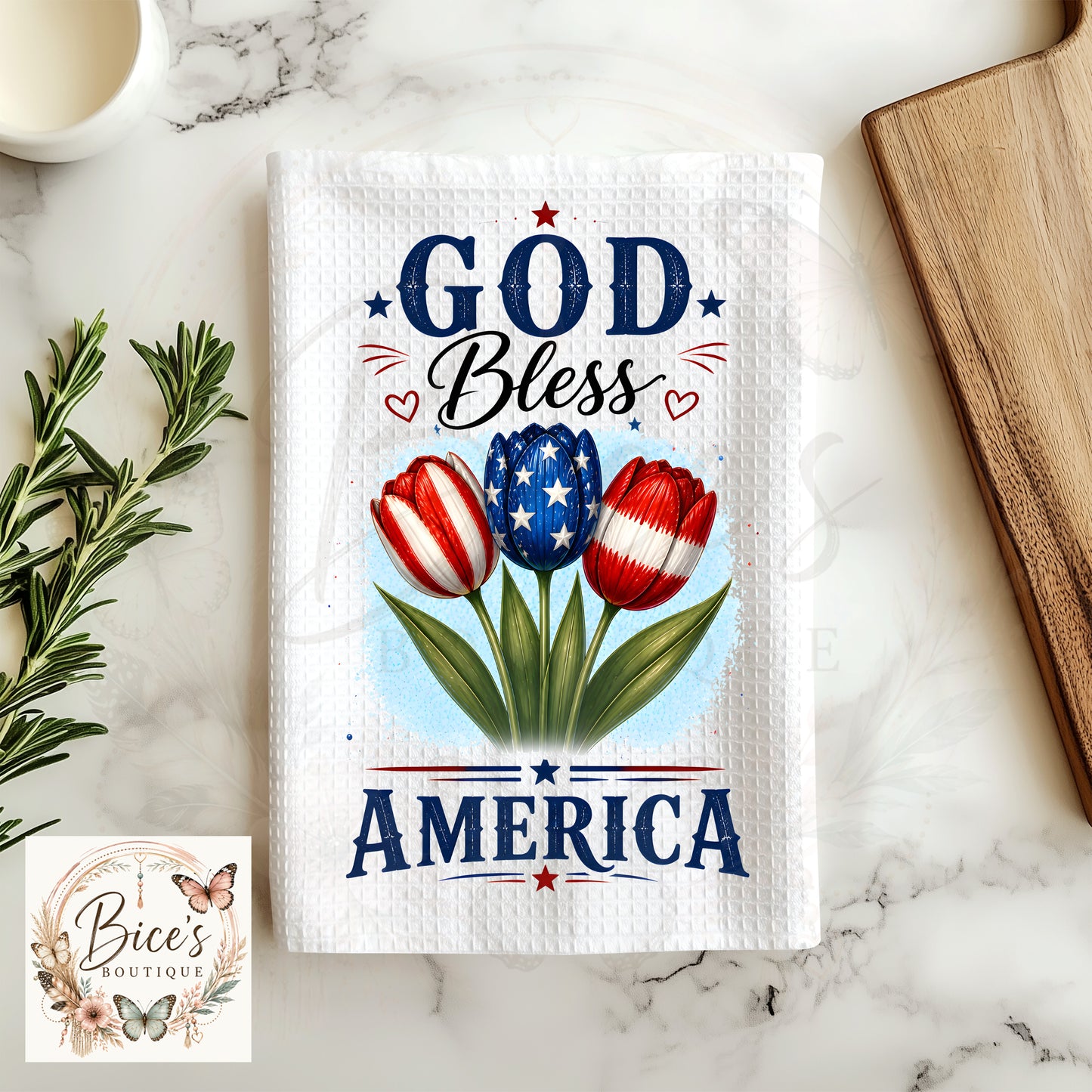 God Bless America Patriotic Kitchen Towel | Red, White & Blue Tulip Waffle Towel | Fourth of July Tea Towel
