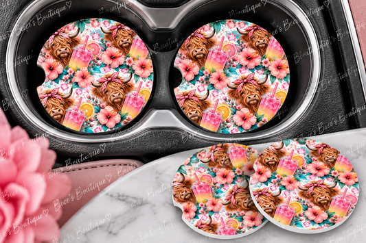 Highland Cow Loaded Tea Car Coasters – Set of 2