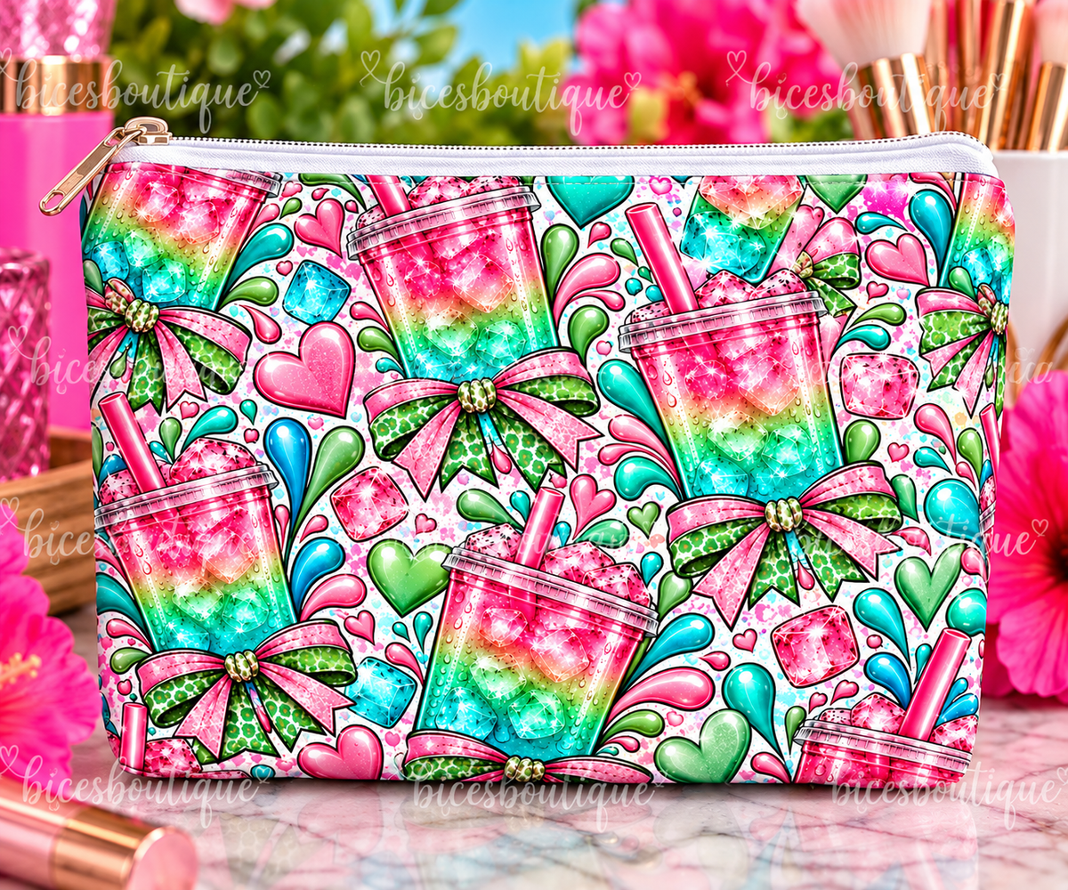 Loaded Tea Obsessed Makeup Bag | Colorful Loaded Tea Zipper Pouch | Pink Teal & Green Cosmetic Bag