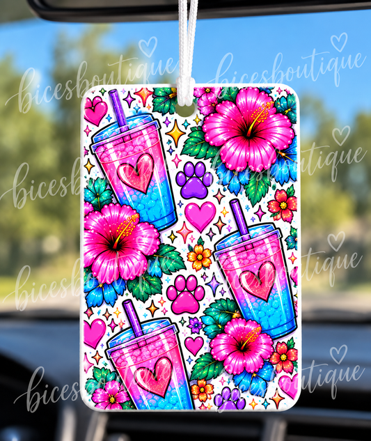 Loaded Tea and Cat Car Air Freshener | Tropical Floral Hanging Car Freshie | Cat Lover Gift