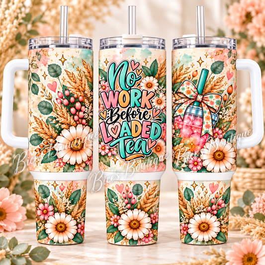 No Work Before Loaded Tea 40oz Handle Tumbler – Boho Floral