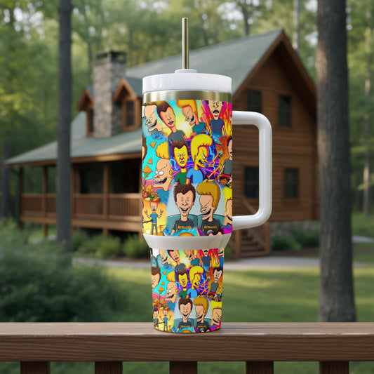 90s Cartoon Duo Tumbler | Retro Grunge 40oz Insulated Stainless Steel Cup with Handle