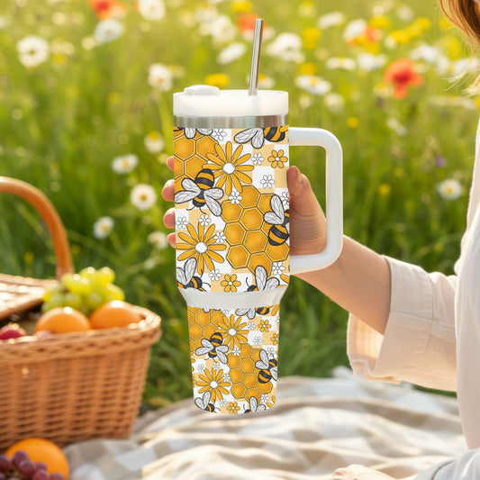 Bee & Honeycomb Floral Tumbler | 40oz Insulated Stainless Steel Cup with Handle
