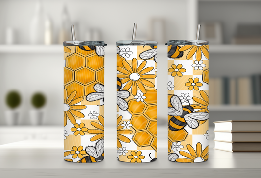 Honey Bee Floral Tumbler – Yellow Honeycomb 20oz Skinny Tumbler