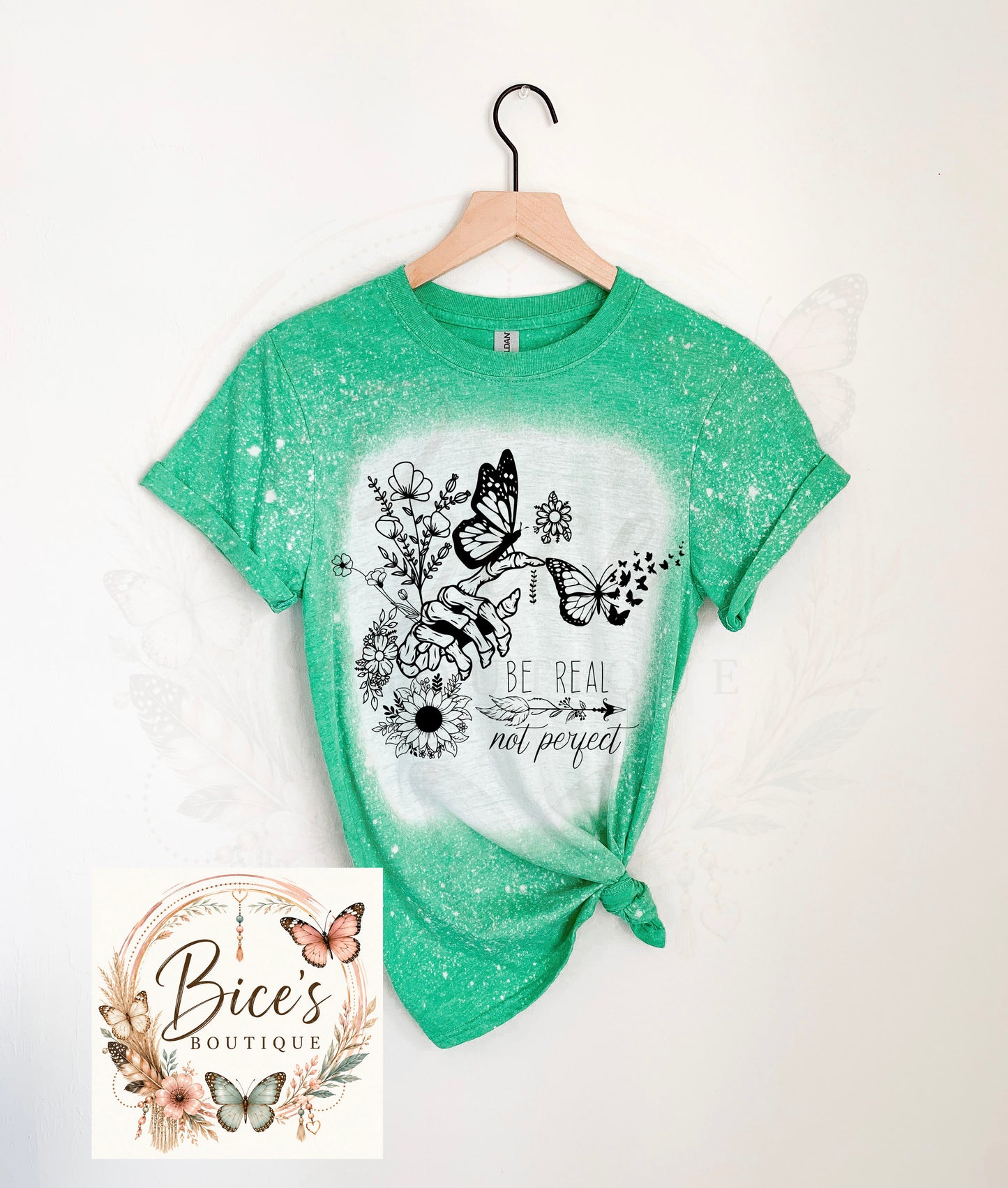 Be Real, Not Perfect Butterfly Graphic Bleached T-Shirt | Inspirational Floral Tee | Unisex Graphic Shirt