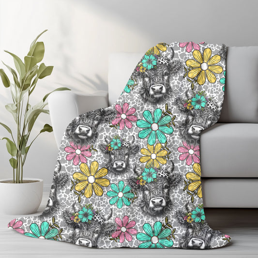 Boho Highland Cow Plush Blanket 50x60 | Floral Western Throw | Pre-Order