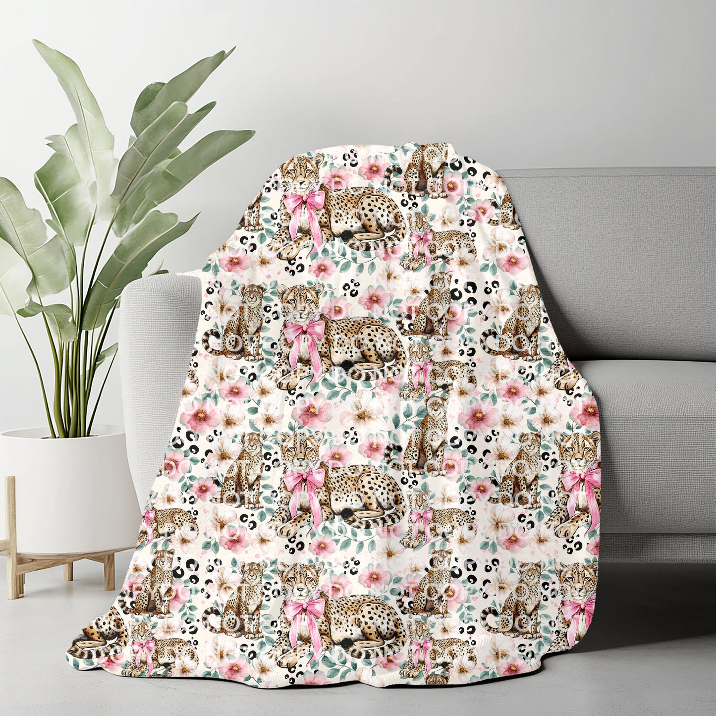 Floral Leopard Plush Blanket 50x60 | Cute Bow Cheetah Throw | Pre-Order