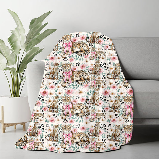 Floral Leopard Plush Blanket 50x60 | Cute Bow Cheetah Throw | Pre-Order