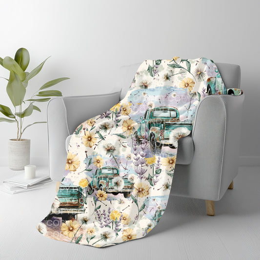 Vintage Floral Truck Plush Blanket 50x60 | Rustic Farmhouse Throw | Pre-Order