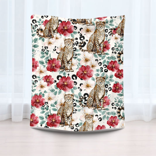 Floral Leopard Plush Blanket 50x60 | Red Flower Cheetah Throw | Pre-Order