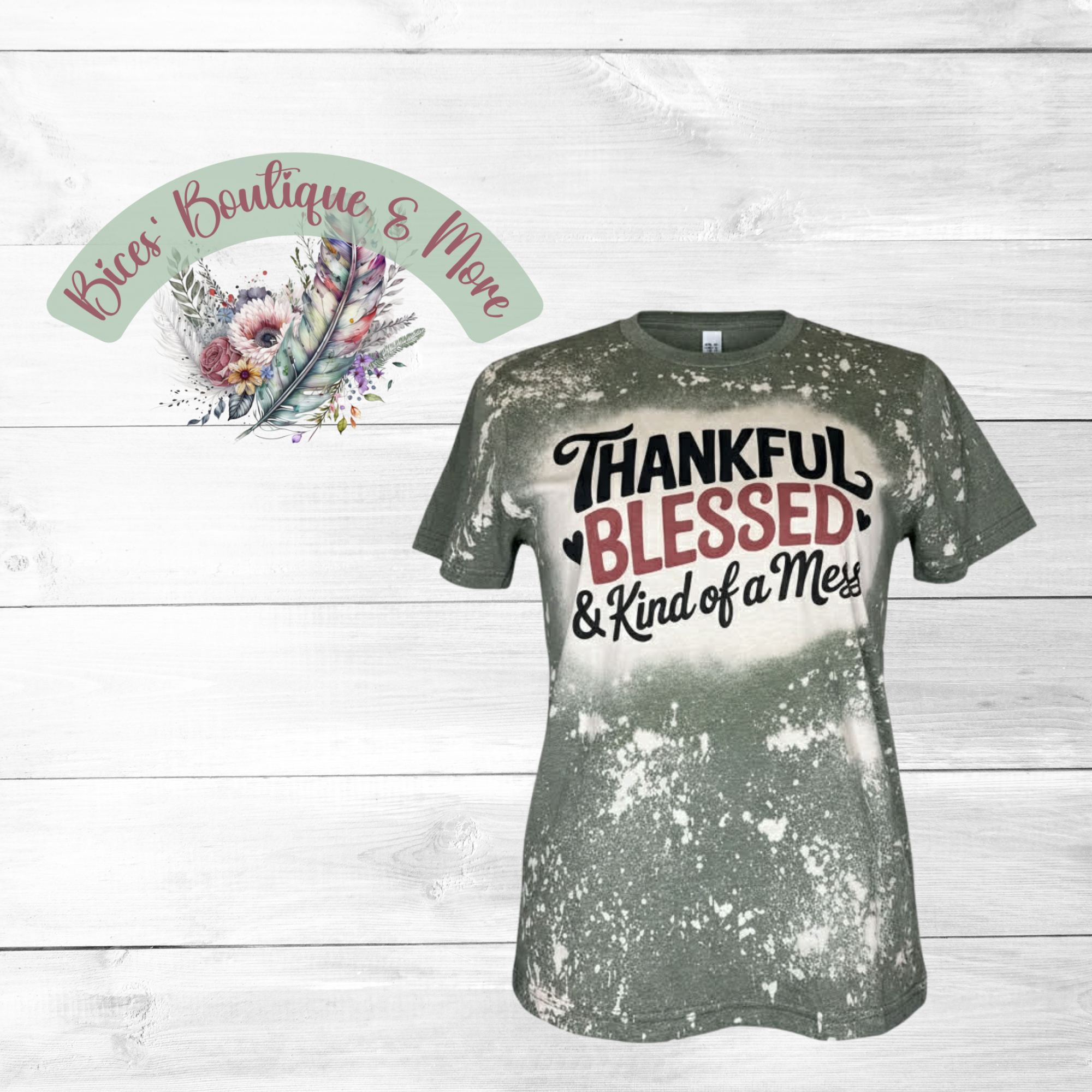 “Thankful Blessed & Kind of a Mess Bleached Tee – Funny Fall Graphic T-Shirt”