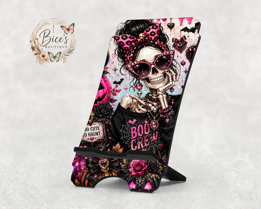 Boojee Skeleton Phone Stand – Pink & Black Halloween Design
