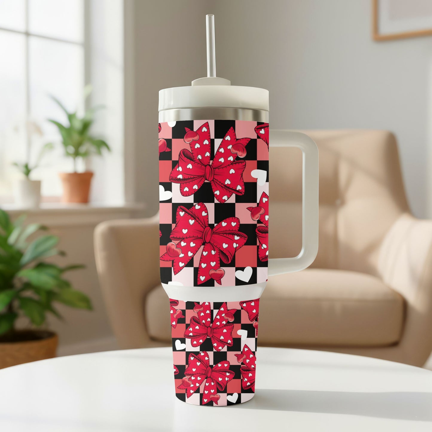 Valentine Bow Checkered Tumbler – 40oz Stainless Steel Handle Tumbler