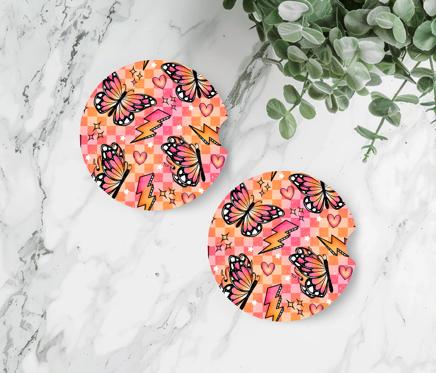 Butterfly Car Coasters – Pink & Orange Checkered Cup Holder Set