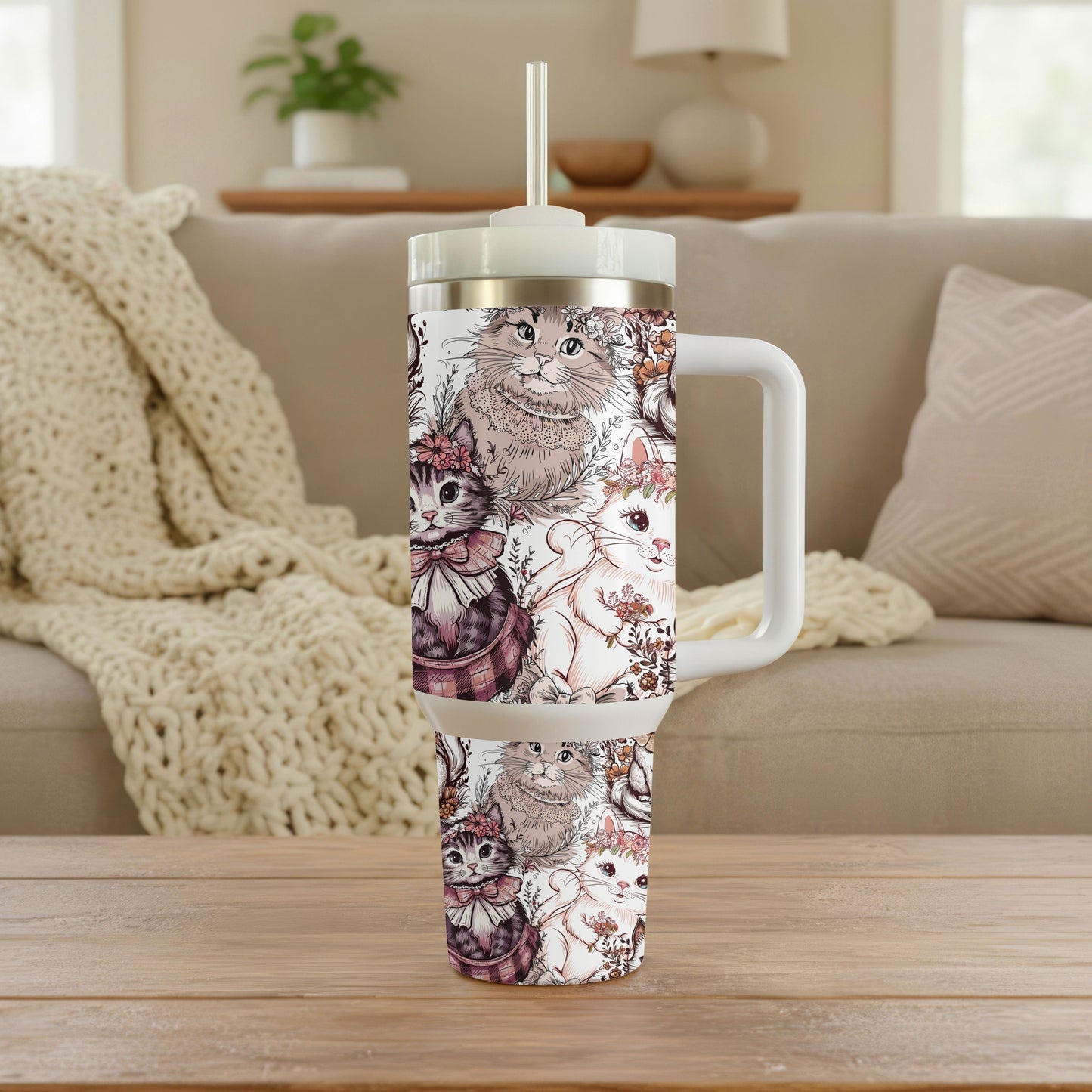 Vintage Floral Cat Tumbler | 40oz Insulated Stainless Steel Cup with Handle