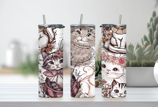 Vintage Floral Cat Tumbler – 20oz Skinny Stainless Steel Tumbler