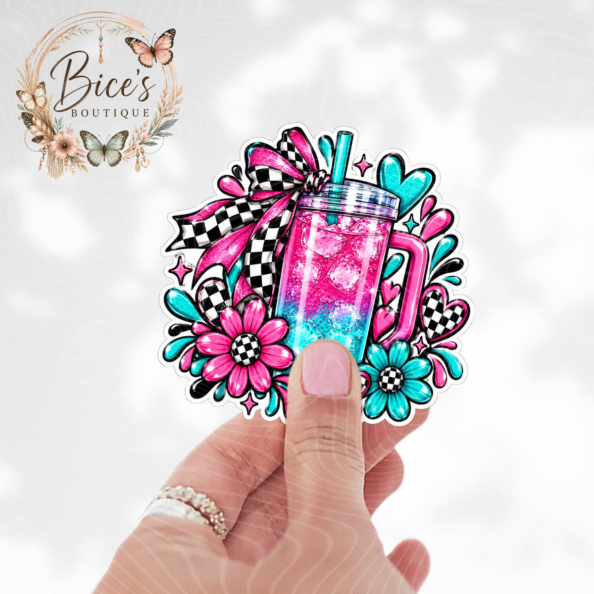 Loaded Tea Checkered Bow UV DTF Decal – Pink & Teal Cup Decal