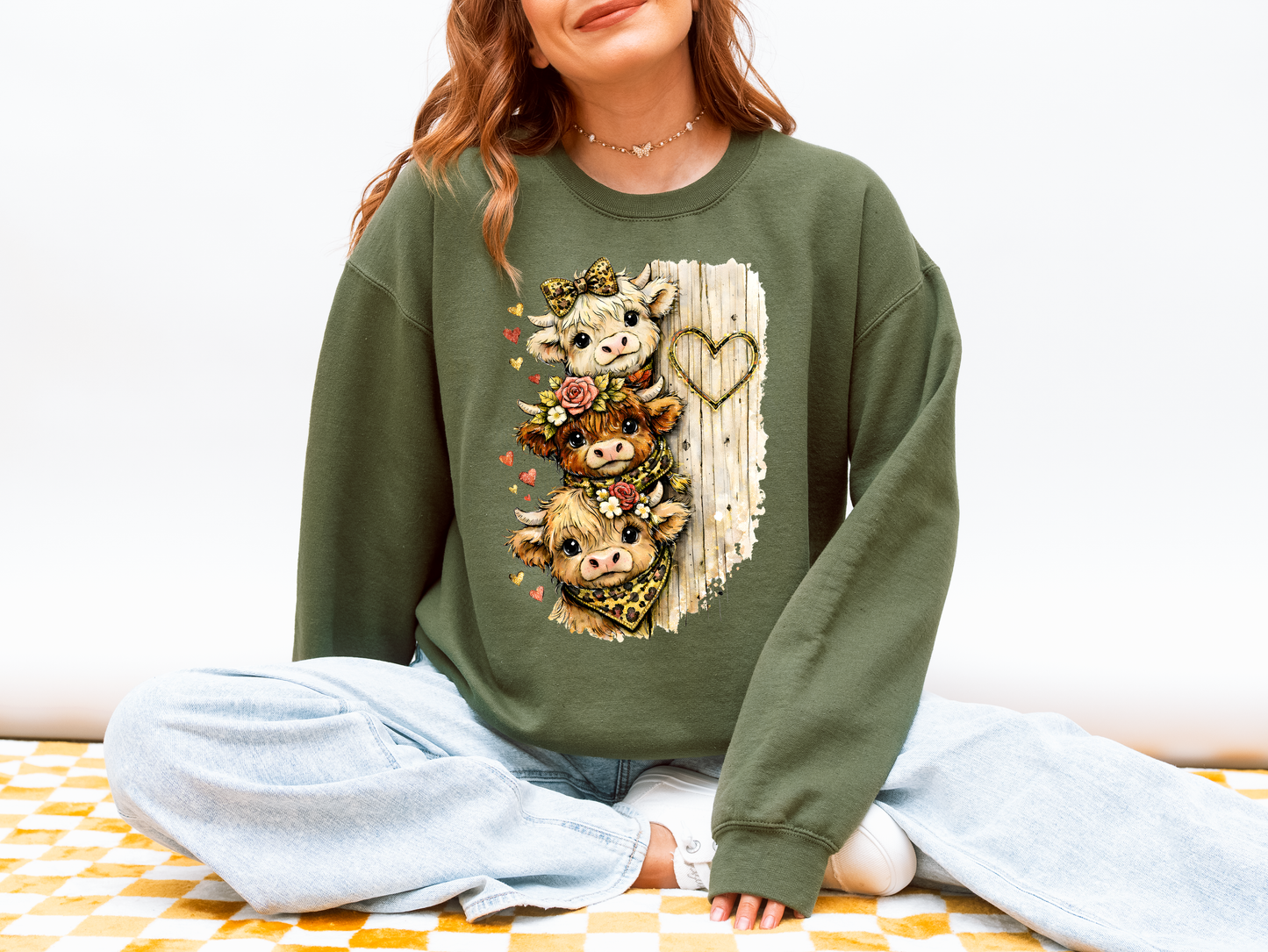Floral Highland Cow Sweatshirt | Cozy Farm Animal Graphic Crewneck