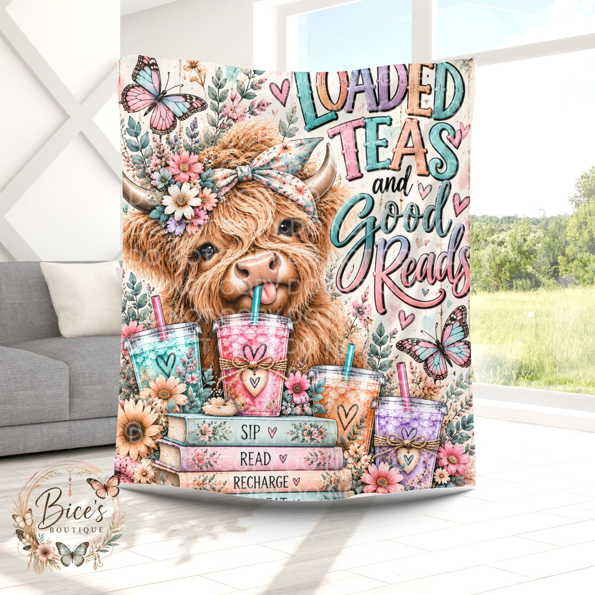 Loaded Teas & Good Reads Highland Cow Throw Blanket