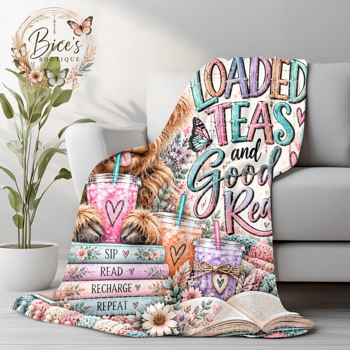 Loaded Teas & Good Reads Highland Cow Throw Blanket