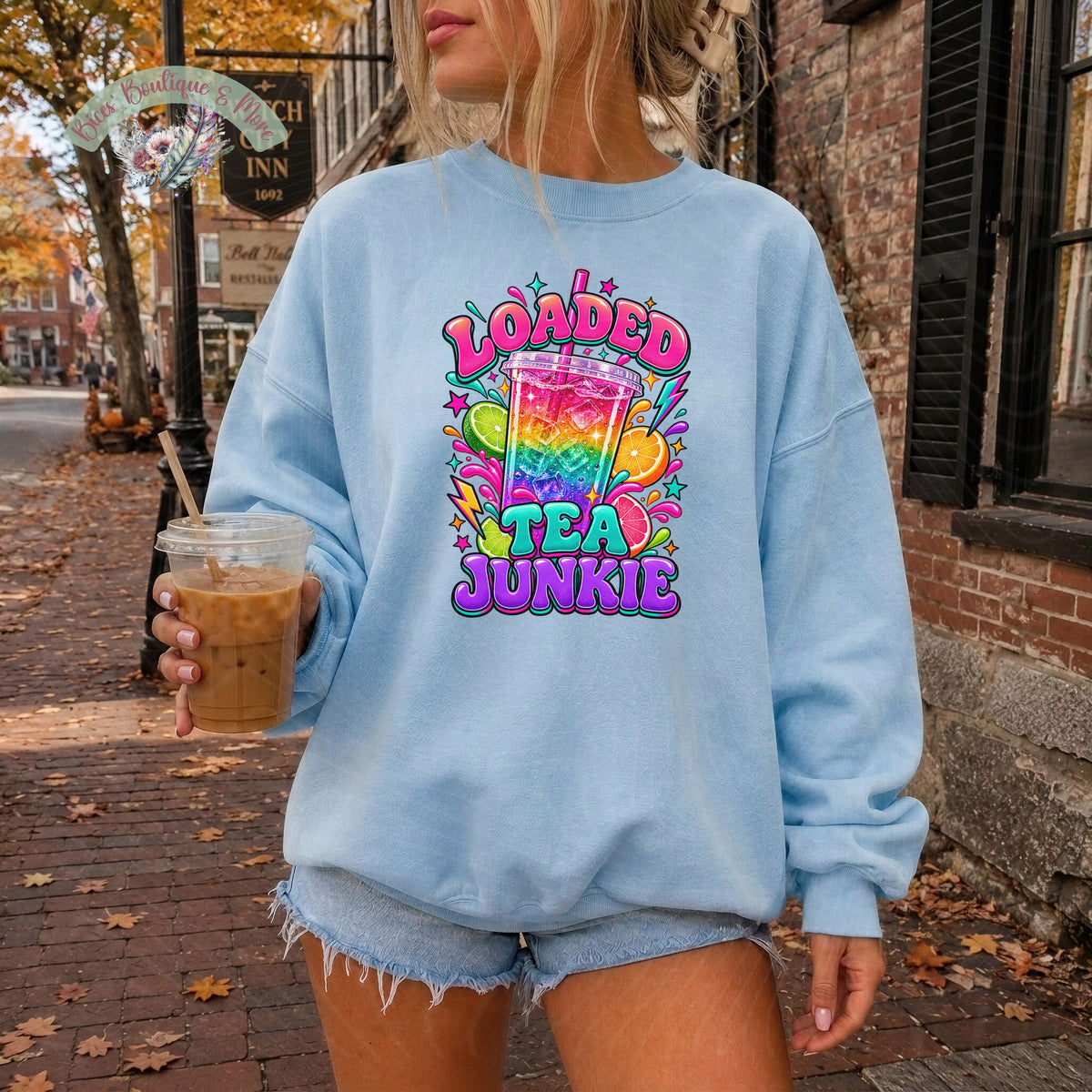 Loaded Tea Junkie Colorful Graphic Crewneck Sweatshirt