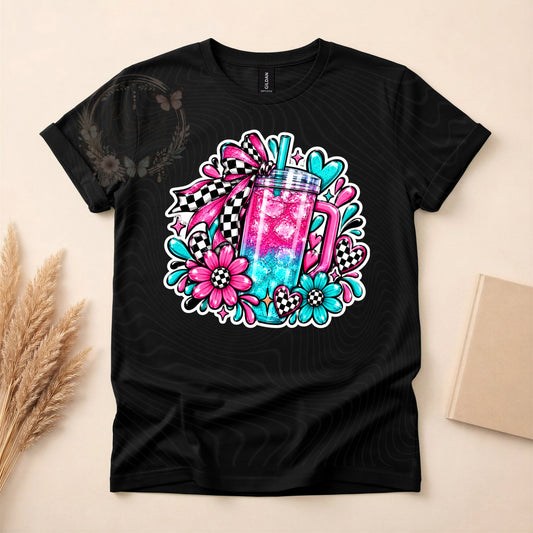 Loaded Tea Checkered Bow T-Shirt – Pink & Teal Graphic Tee