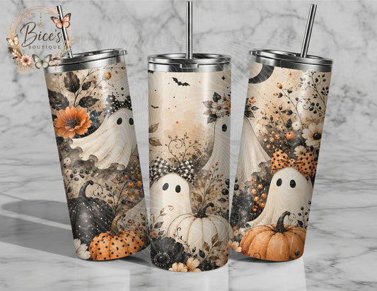 Cute Ghost & Pumpkin 20oz Tumbler – Neutral Floral Halloween Tumbler