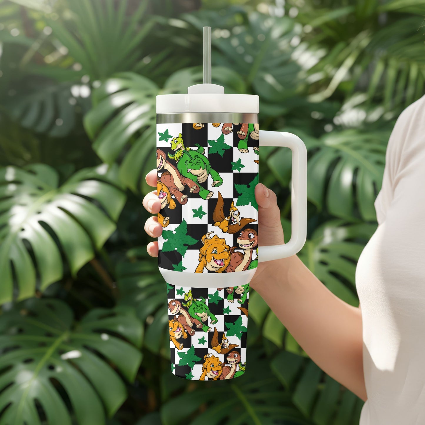 Dinosaur Adventure Tumbler | Playful Dino 40oz Handled Stainless Steel Tumbler