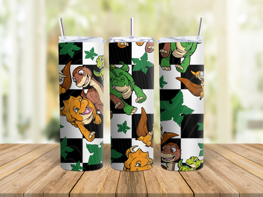 Dino Friends Checkered Tumbler – Cute Prehistoric 20oz Skinny Tumbler