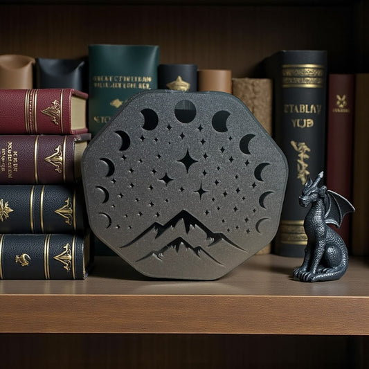 Celestial Moon Phases Mountain Decor – 3D Printed Shelf Art
