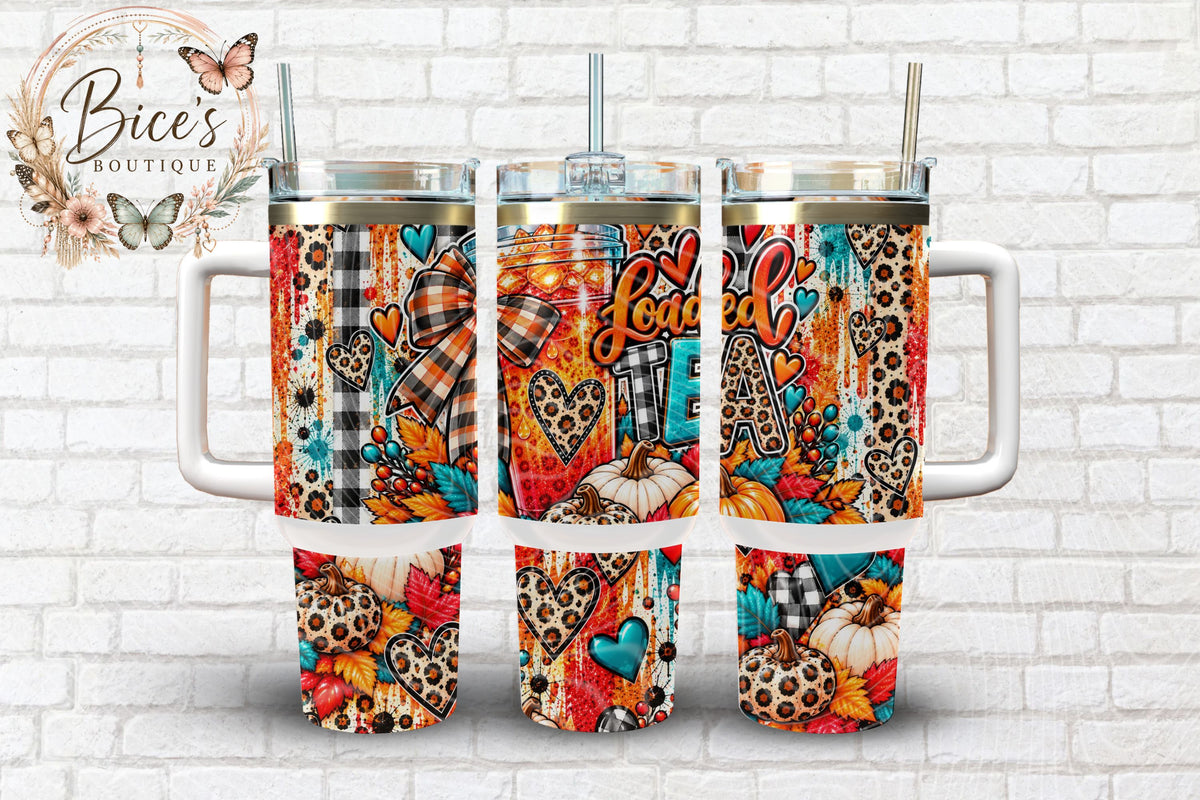 Loaded Tea Fall 40oz Tumbler – Leopard Pumpkin & Plaid Design